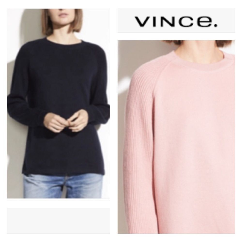 VINCE. Ribbed Raglan Sleeve Crew Neck 100% Cotton Sweater Pullover Navy Blue M